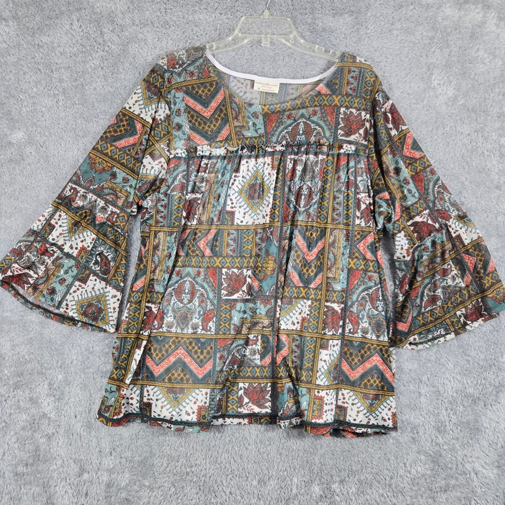 Bobbie Brooks Plus Size 2X Blouse Patchwork Geometric Floral Bell Sleeve Top